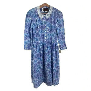NWT 80s JT Petities Vintage Purple Blue Floral Peter Pan Collar Dress Size 12P